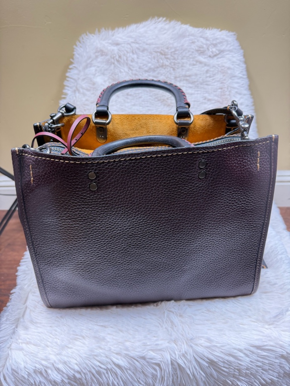 Coach Pebbled Leather Satchel in Plum with Mustard Interior